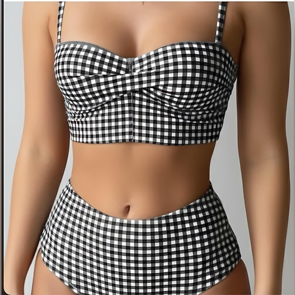 Gingham Twist Push Up Bra & High Waisted Bottom Bikini Blk/Wht - Picture 4 of 5
